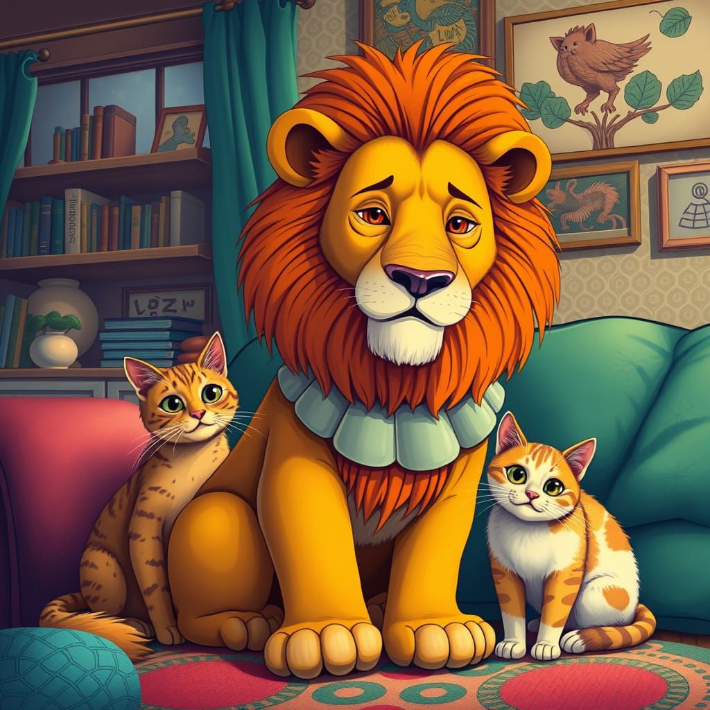 Lion and Cat in Cozy Room, Pop Art Style