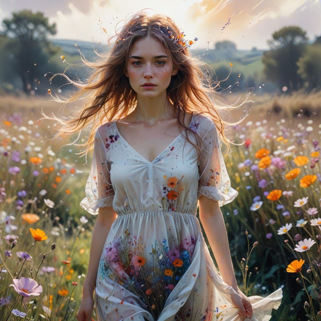 Ethereal Woman in Flower Field, Watercolour and Oil Painting