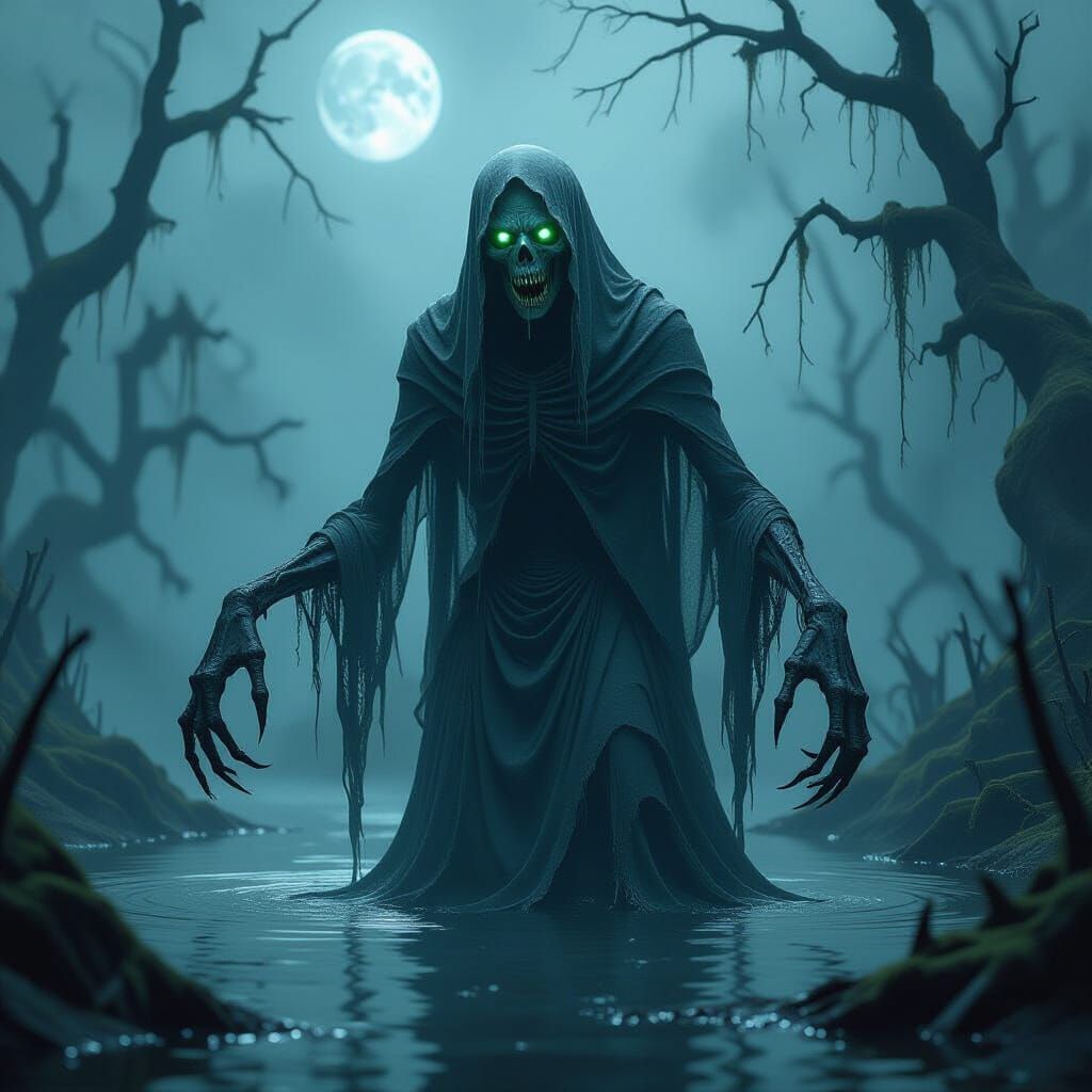 Abyssal Wraith: Terrifying Horror Creature in Foggy Swamp