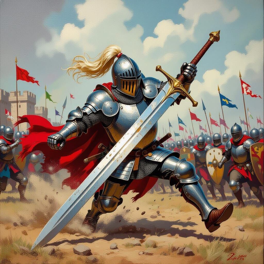 Knight's Comical Tumble: Oil Painting of Tripping Warrior