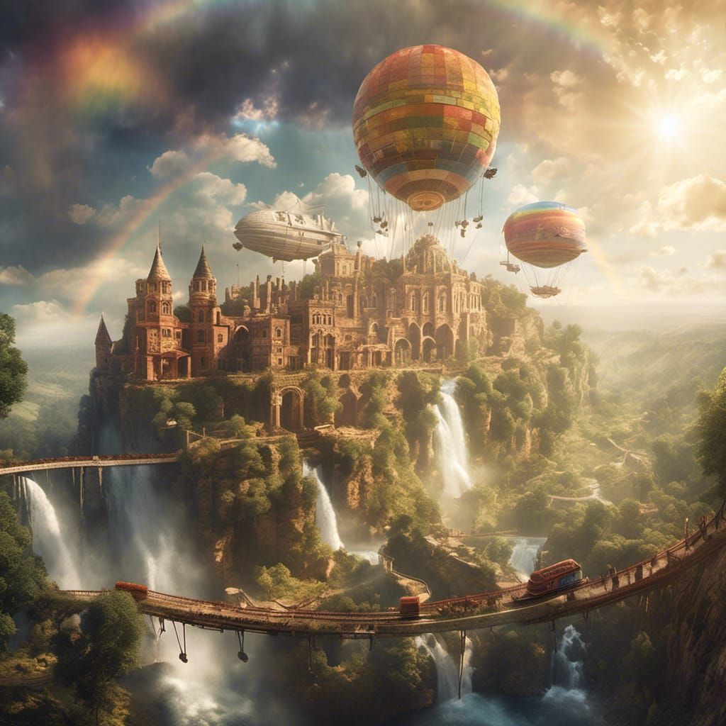 Old West Scene: Trains, Airships, Rainbow, and Waterfall