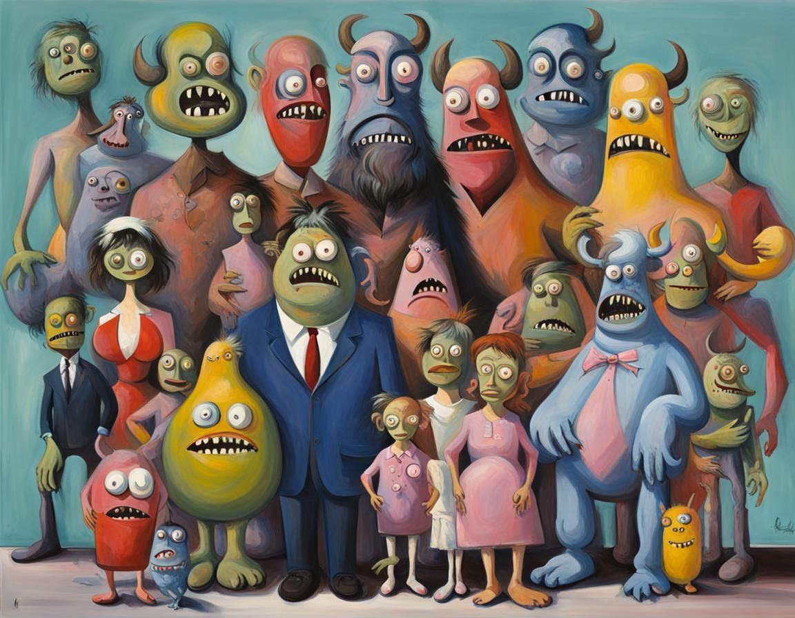 Grotesque Movie Monster Family Portrait in Surreal Style
