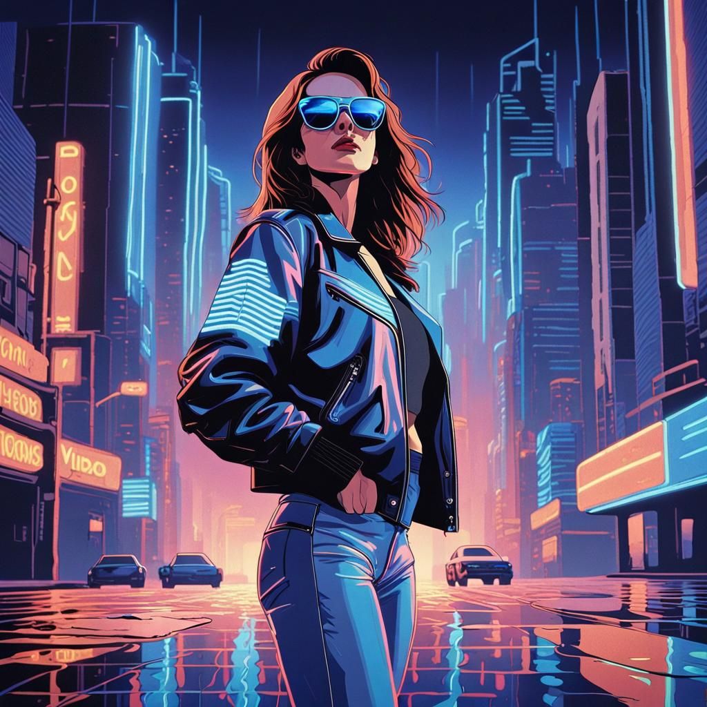 Retrofuturistic Woman in Neon Noir Cityscape