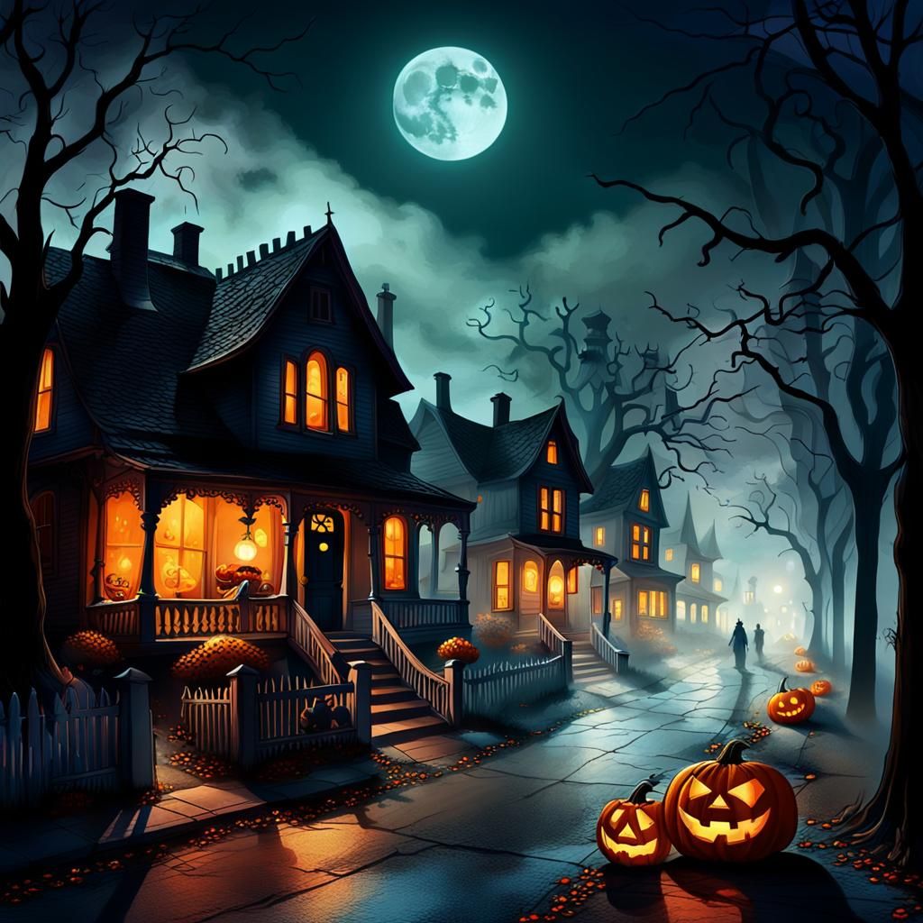 Spooky Halloween Night in Small Town: 3D Digital Art