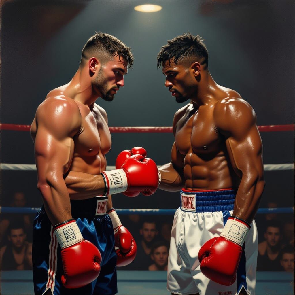 Boxers Show Friendship After Sparring Match in Oil Painting