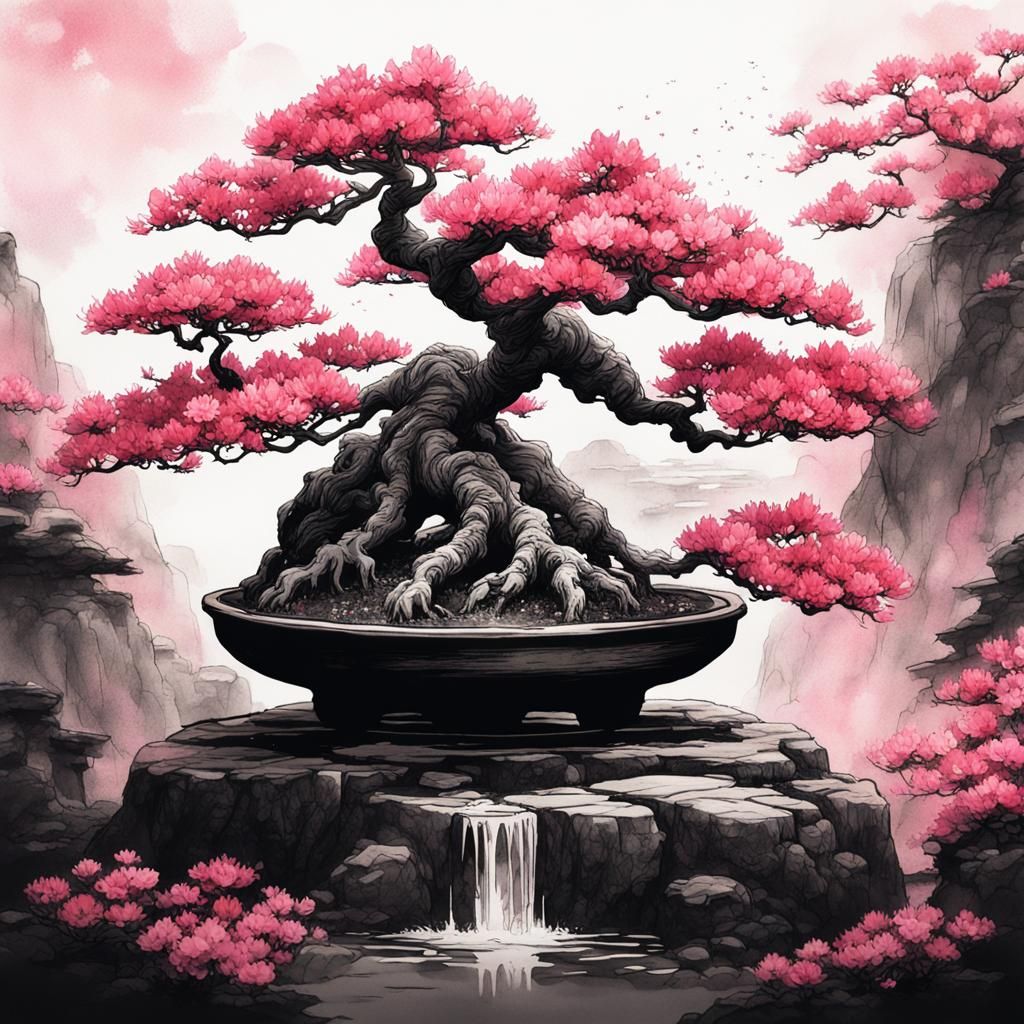 Azalea Bonsai in Sumi-e Style with Pink Blossoms