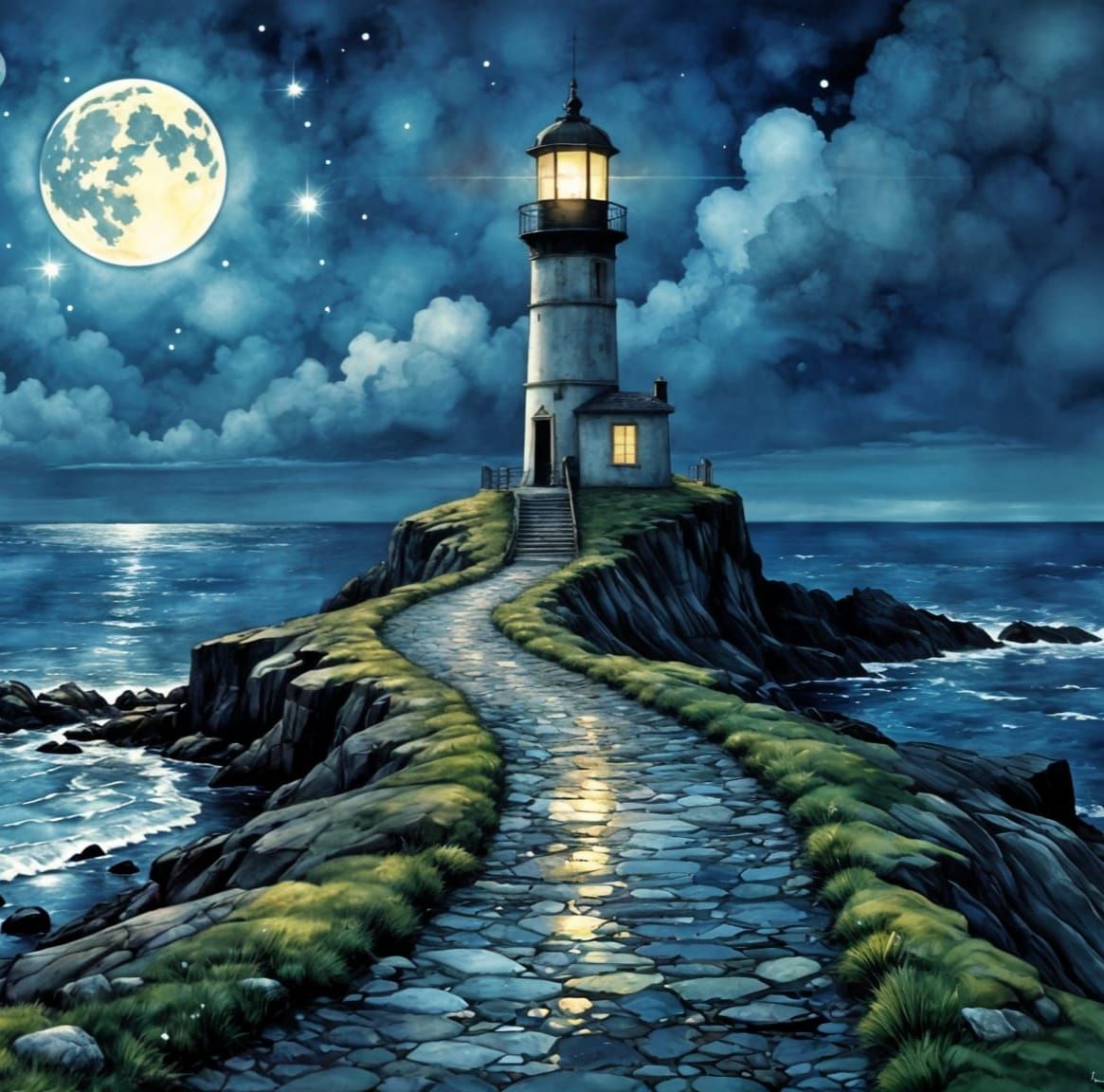 Moonlit Lighthouse on a Forgotten Seaside Pathway
