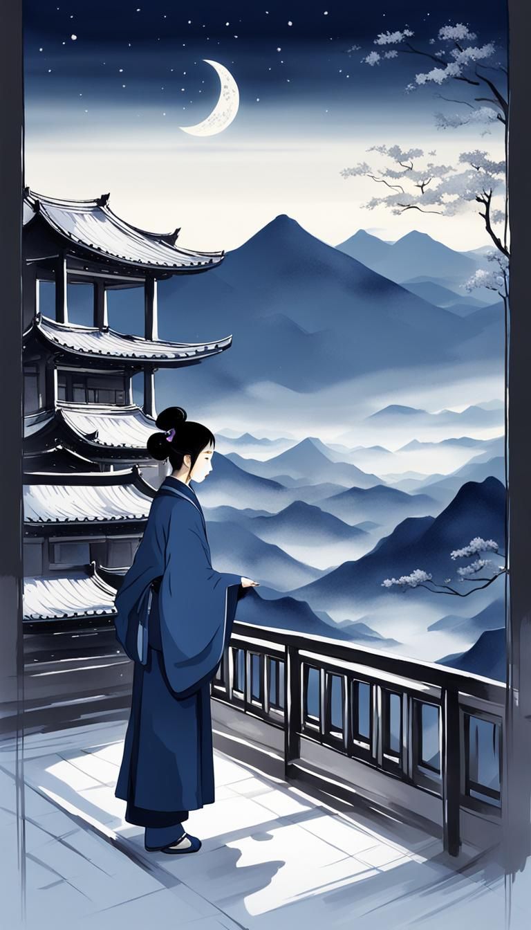 Girl in Hanfu Waiting on Snowy Balcony