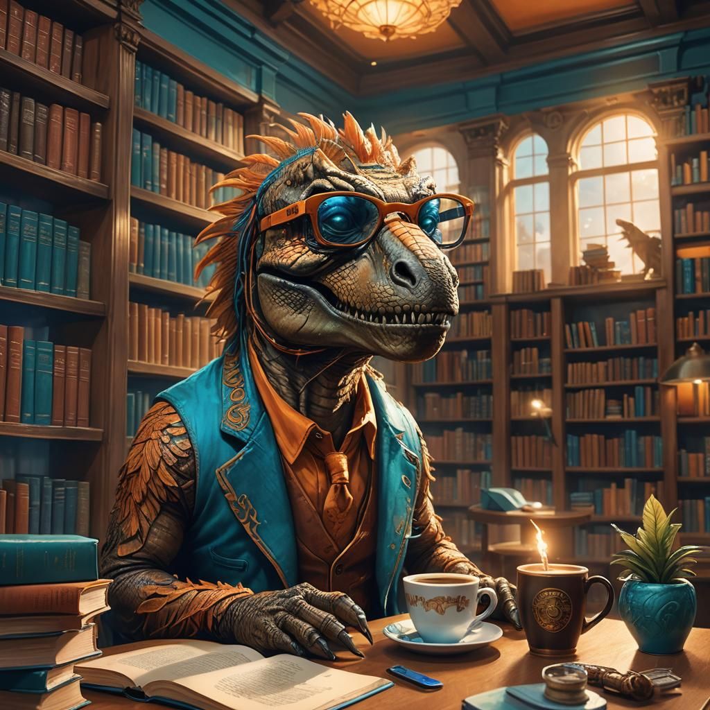 T-Rex Sipping Coffee in Library: Detailed Matte Painting