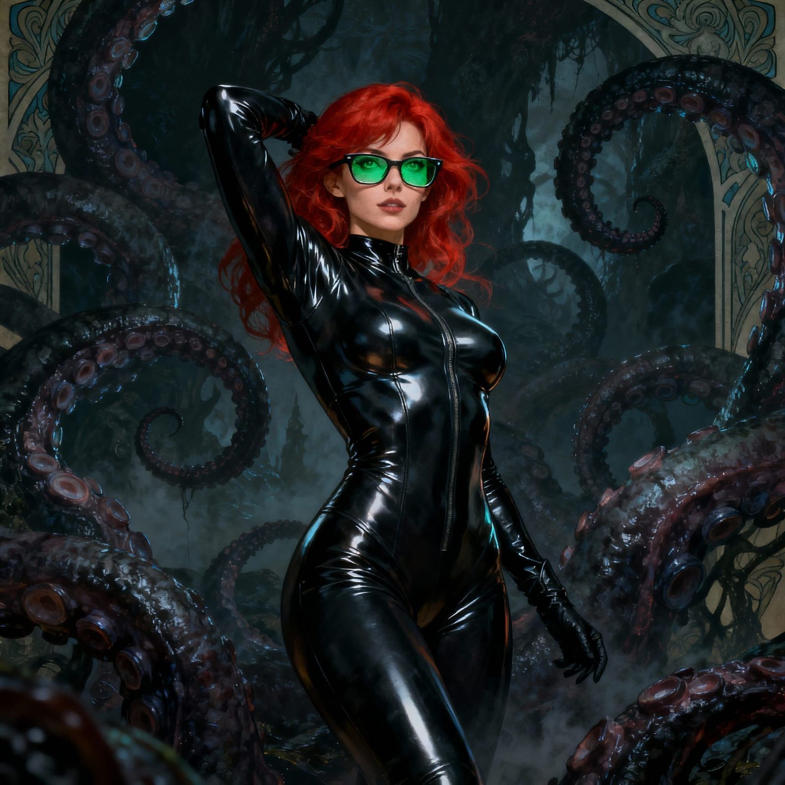 Muscular Redhead in Latex with Tentacles, Dark Fantasy Art