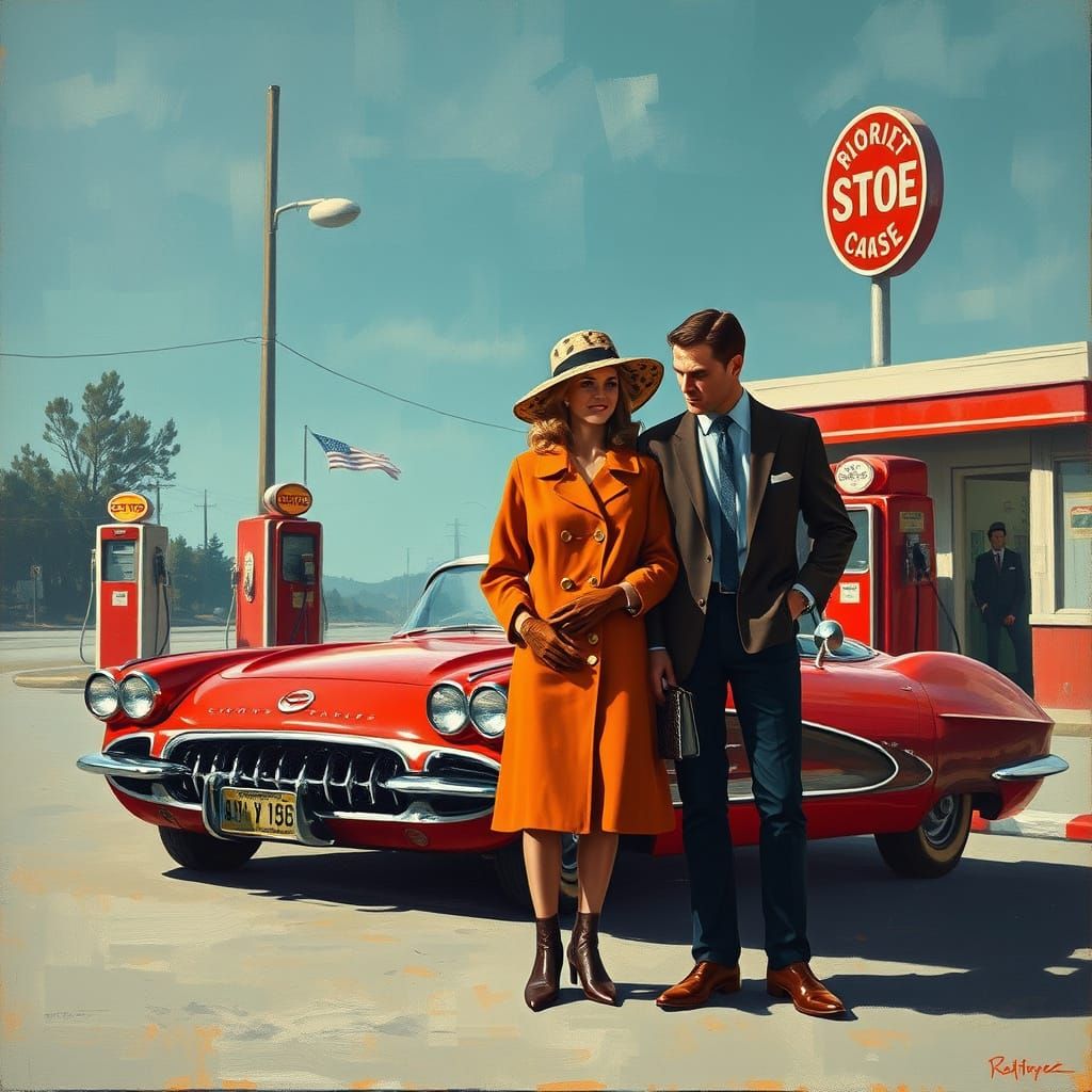 Retro 60s Couple at Gas Station as Oil Painting