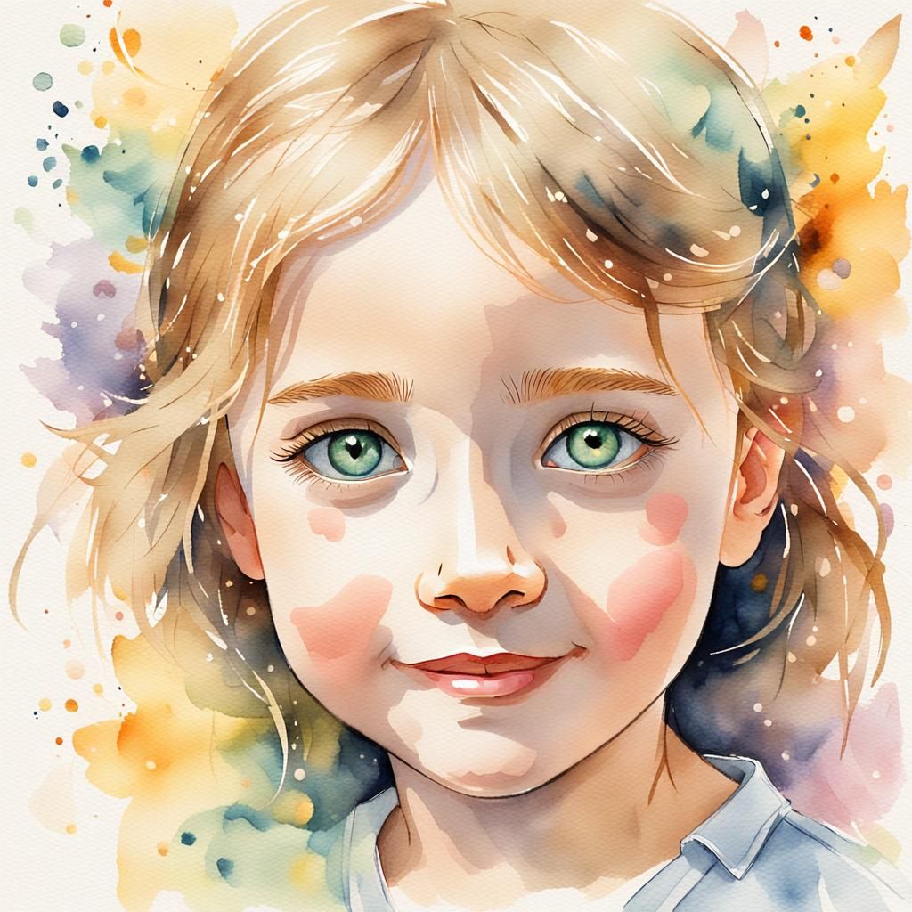 Whimsical Portrait in Watercolor Style with Gentle Smile