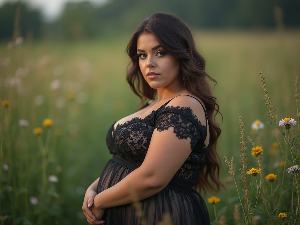 Plus Size Woman in Lace Dress Posing in Wildflower Field