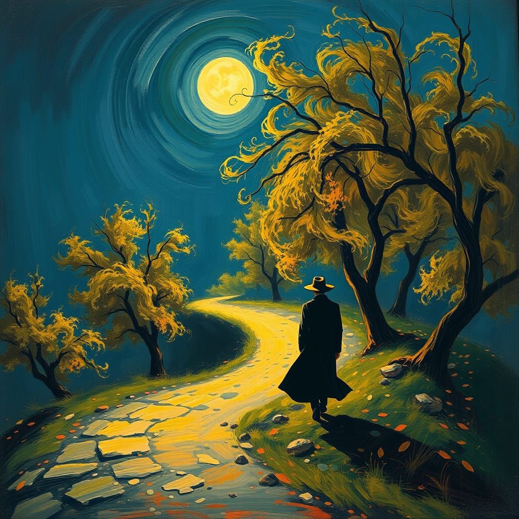 Moonlit Path: A Melancholic Post-Impressionist Scene