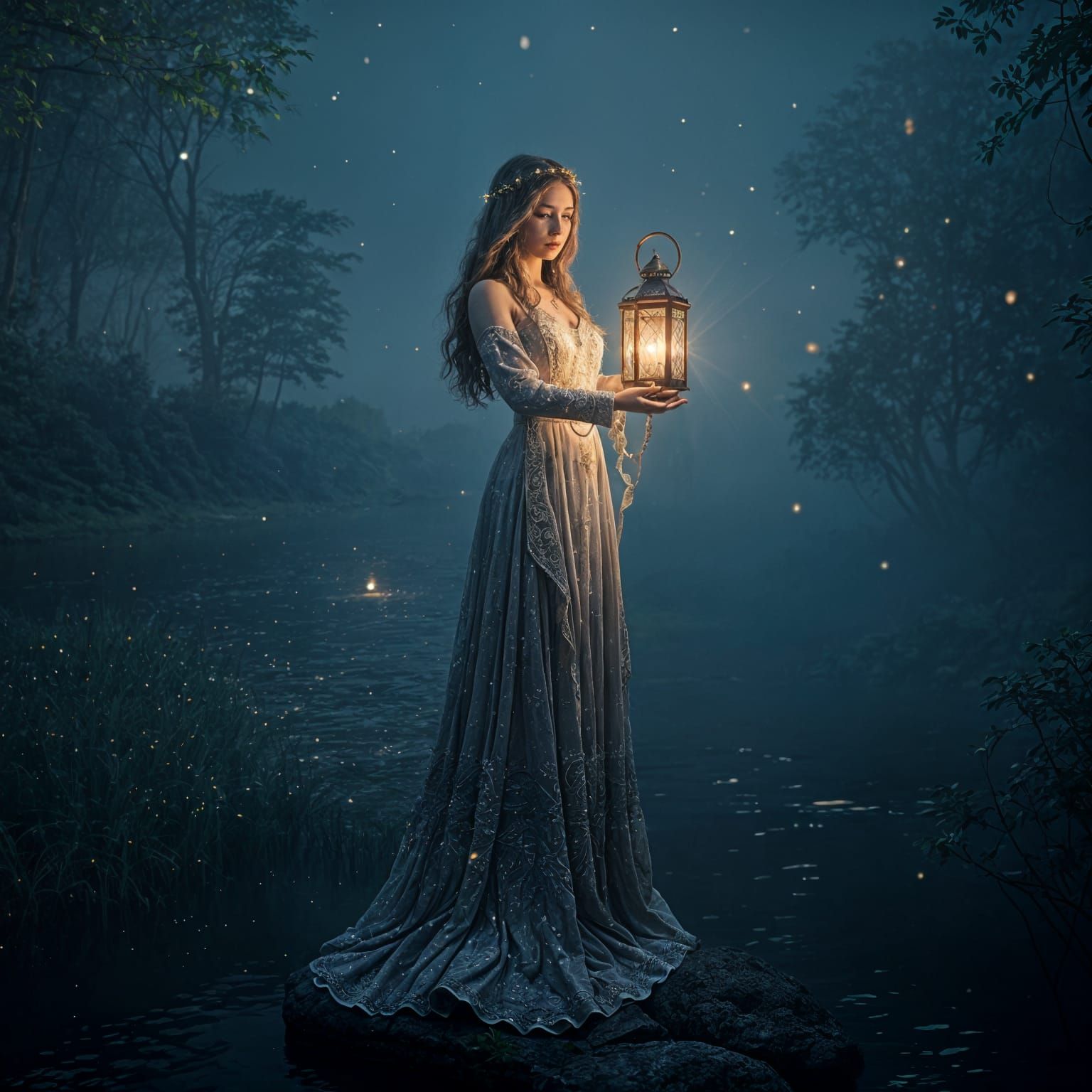 Priestess with Lantern in Foggy Lake Scene