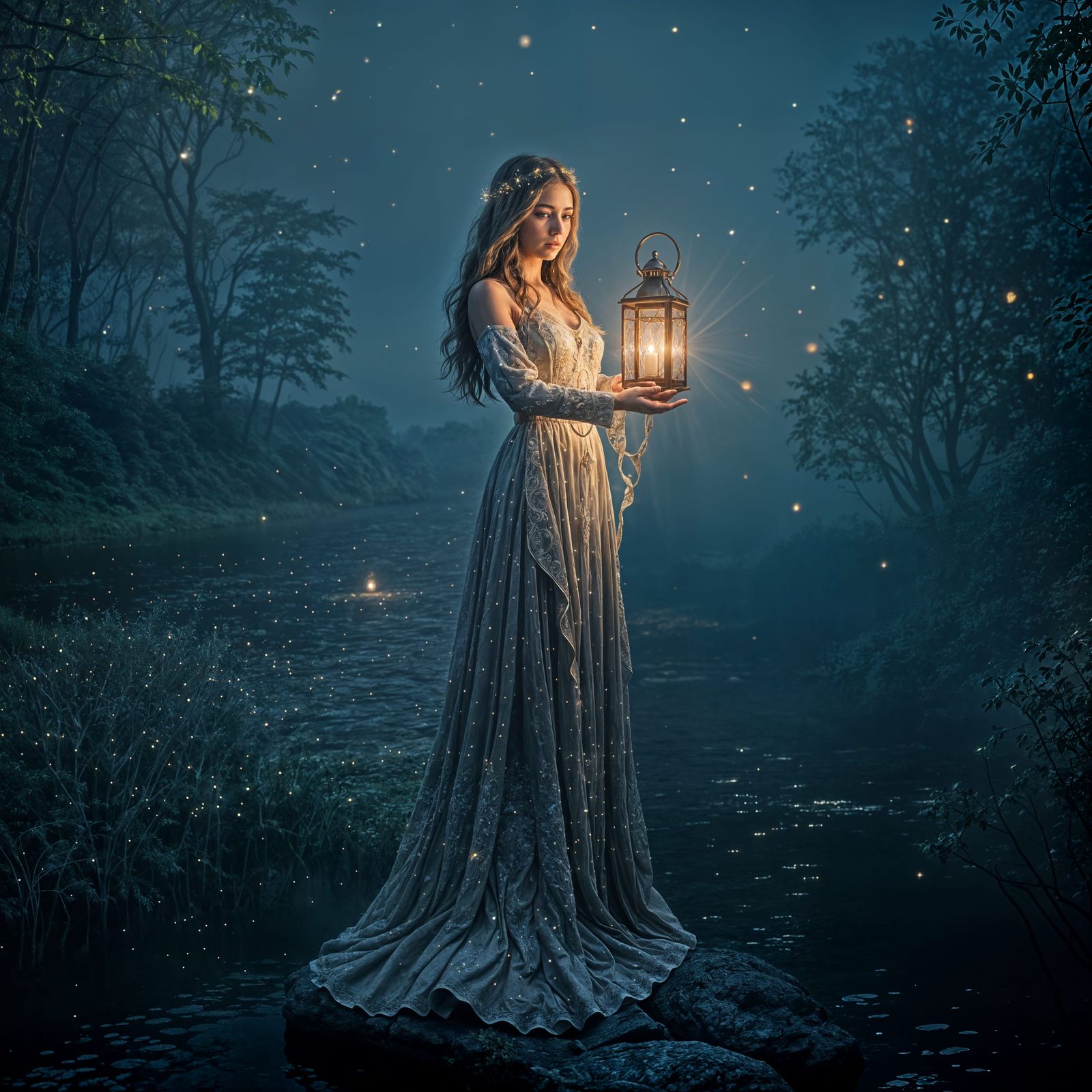 Mystical Priestess With Lantern by Foggy Lake