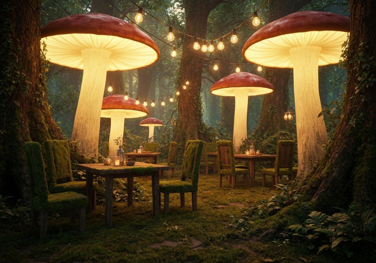 Whimsical Mushroom Cafe with Golden Lighting