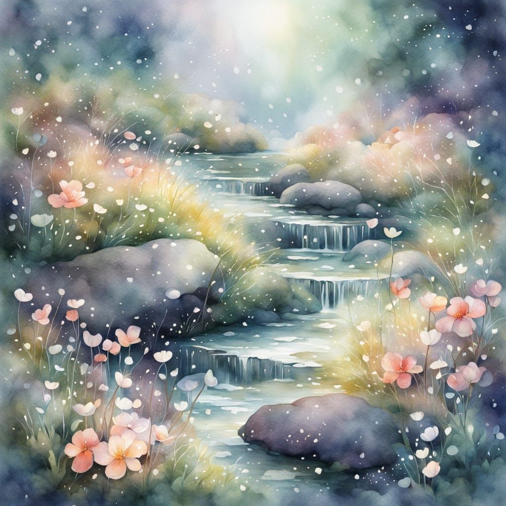 Ethereal Watercolor Glade with Drifting Petals