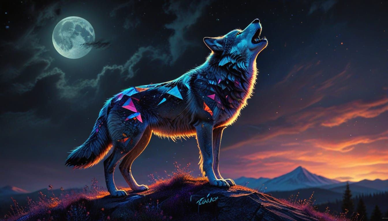 Luminous Wolf Amidst Fractal Geometries Under Moonlit Skies