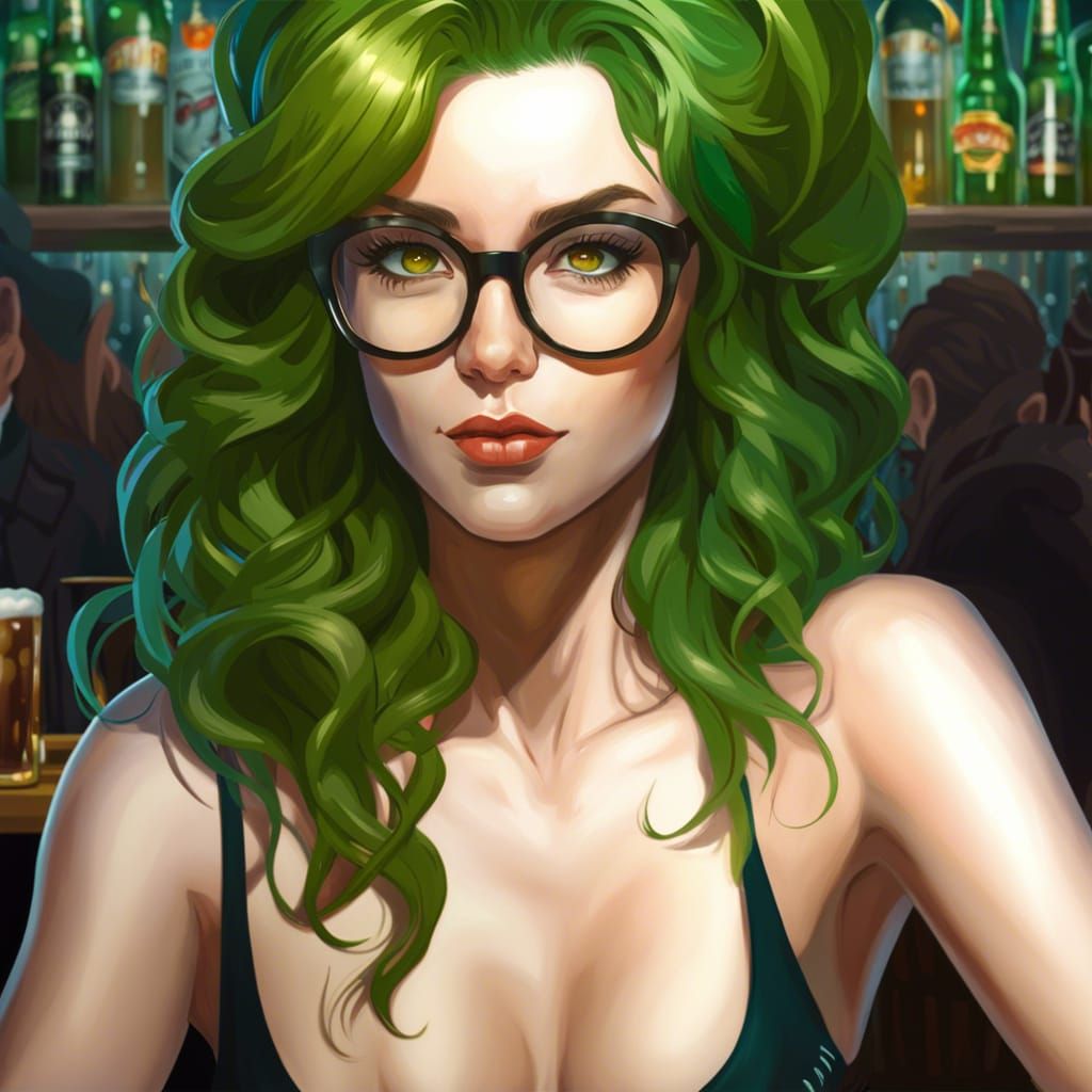 Woman with Green Hair and Beer, Hyperdetailed Portrait