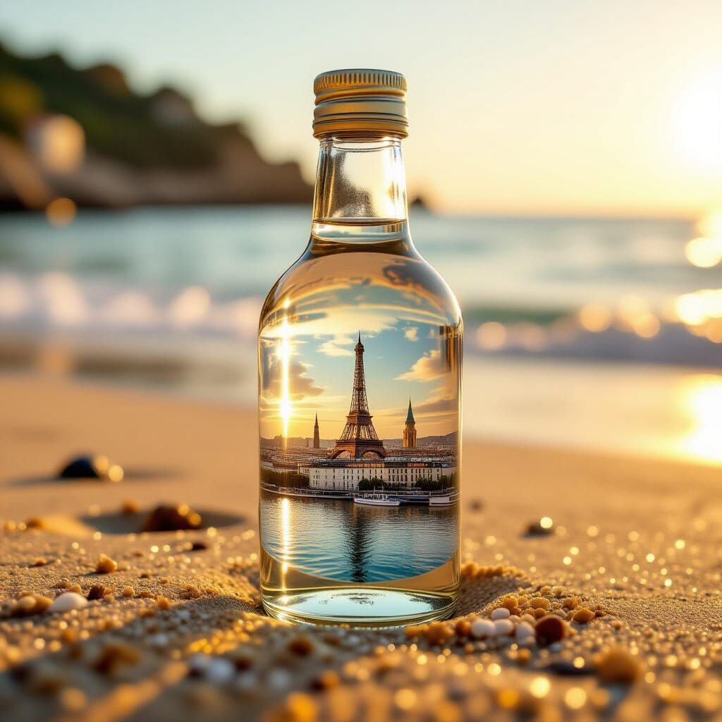 Miniature Paris in Glass Bottle on Golden Beach