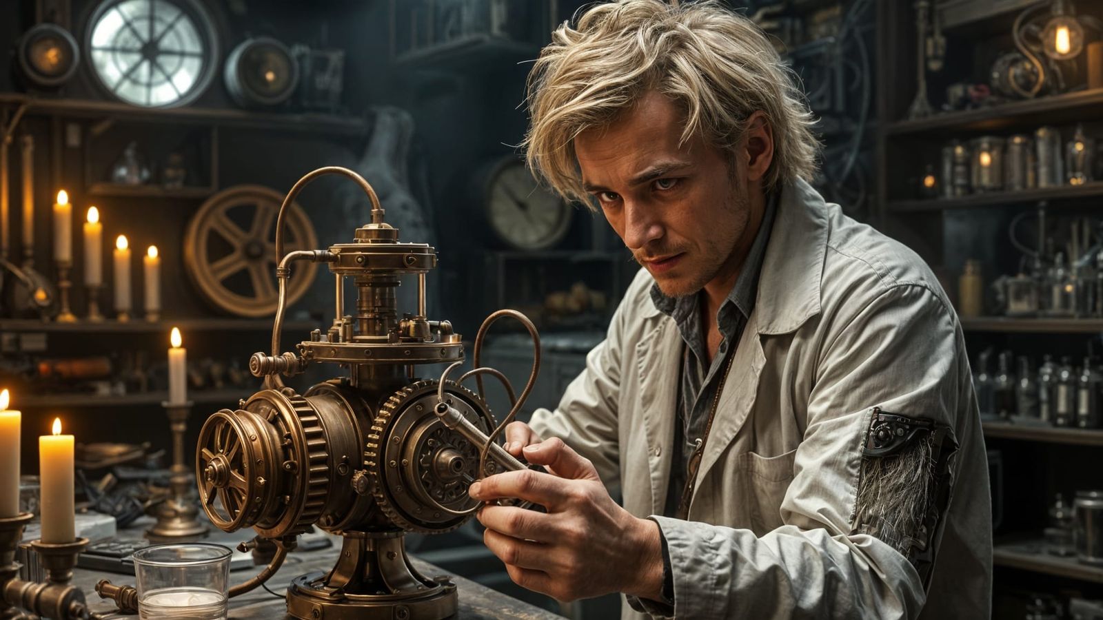 Mad Scientist Tinkers with Futuristic Machinery in a Darkene...