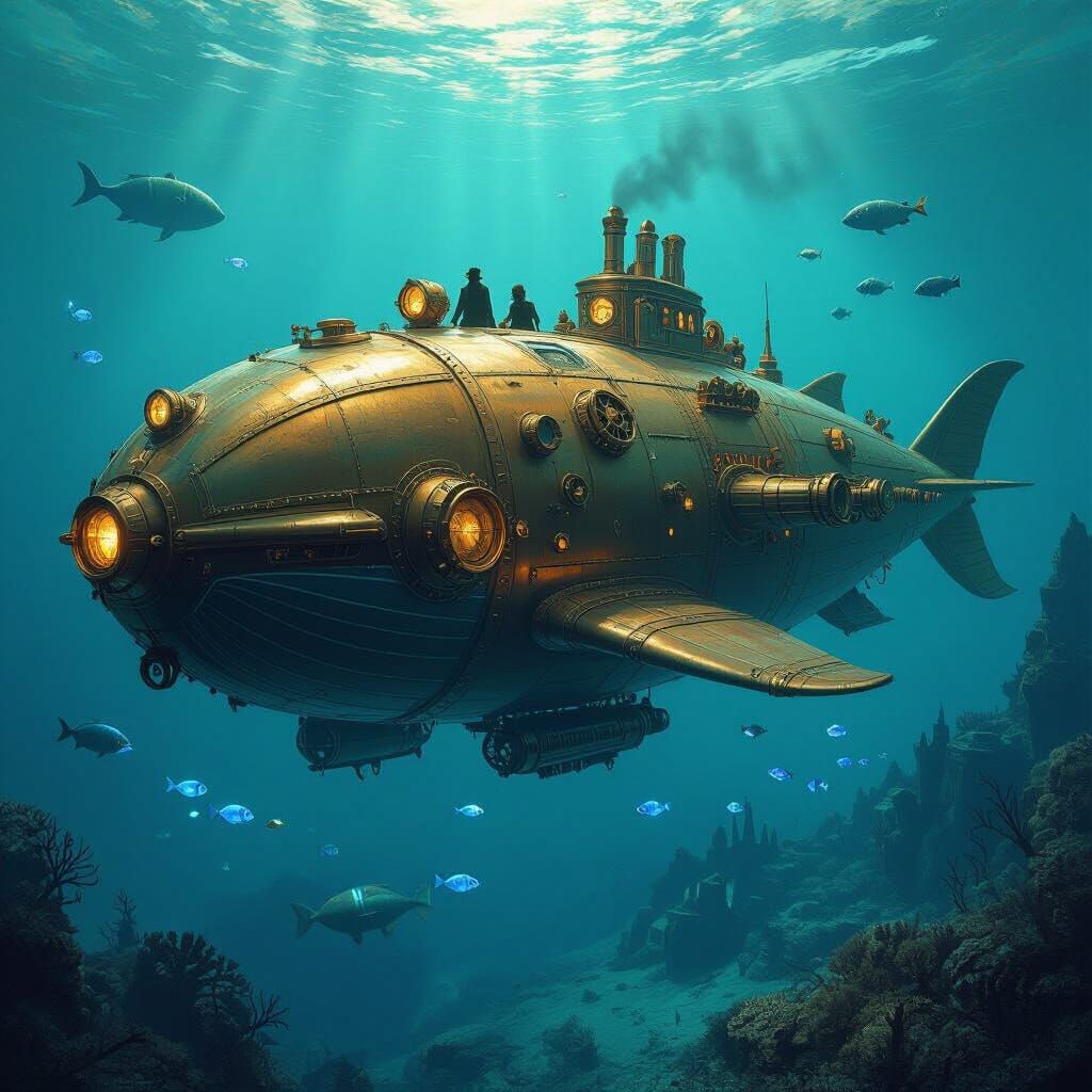 Whale-Shaped Steampunk Submarine Gliding Through Ocean