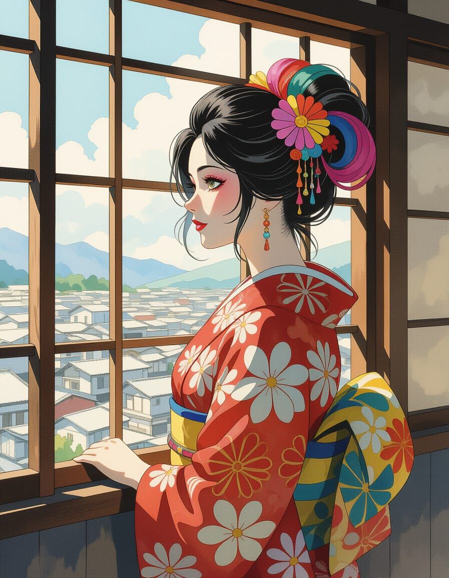 Kimono Woman Gazing Out Window in Ukiyo-e Style