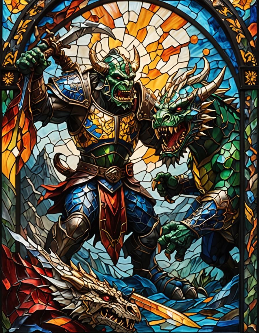 Orc vs. Dragon Stained Glass Impasto Painting