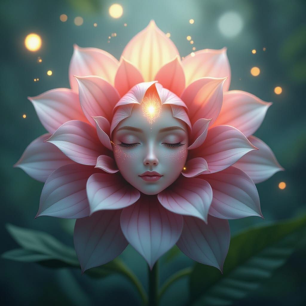 Fantasy Flower with Human Face in Magical Forest Light