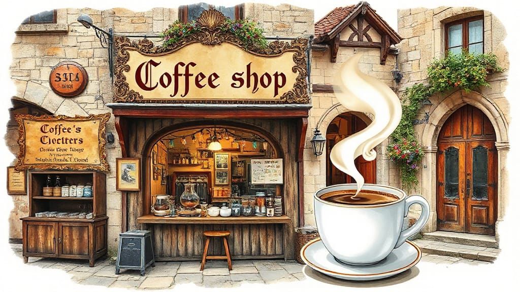 Cozy Medieval Coffee Shop in Watercolor Style