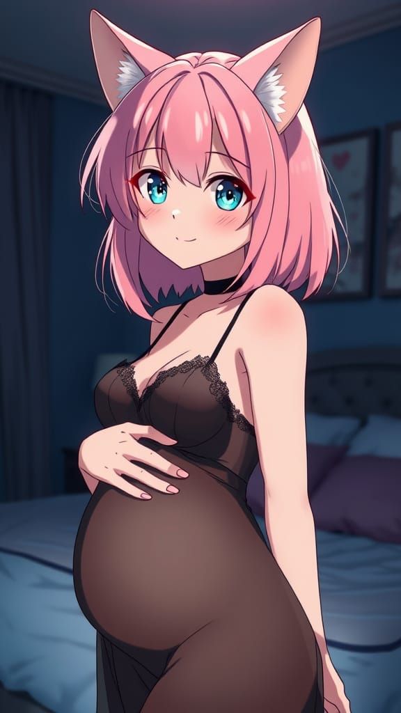 Cheerful Anime Catgirl in Dark Bedroom, Studio Ghibli Style