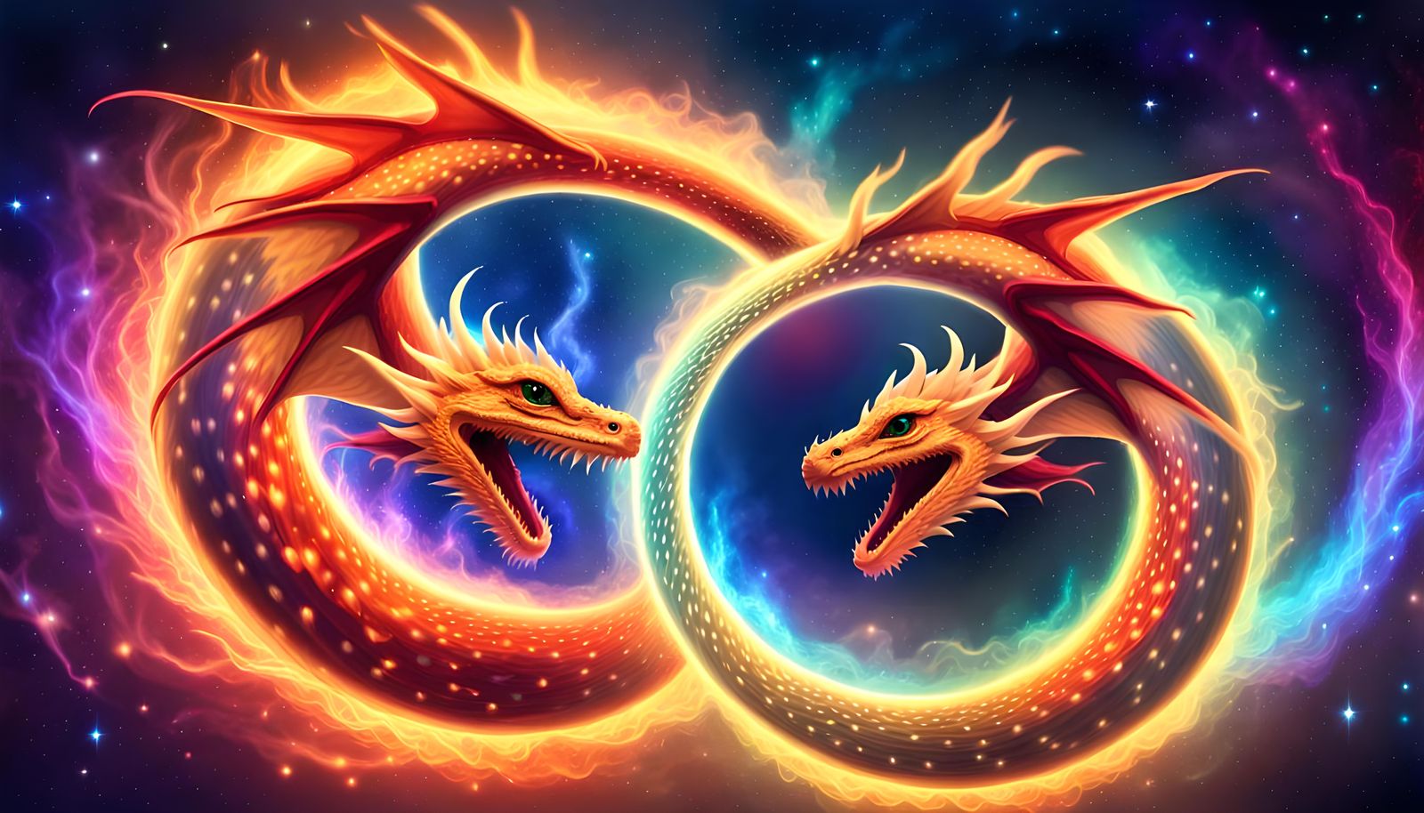 Iridescent Ouroboros Dragons in Rainbow Plasma Fire