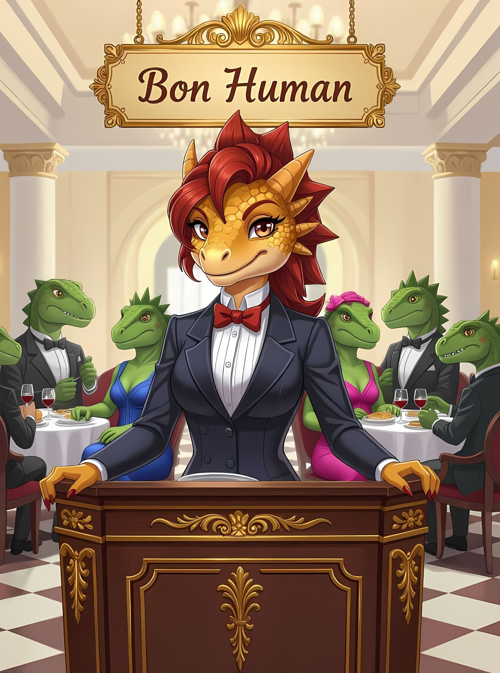 Anime Dinosaur Hybrid Maitre D' in Restaurant