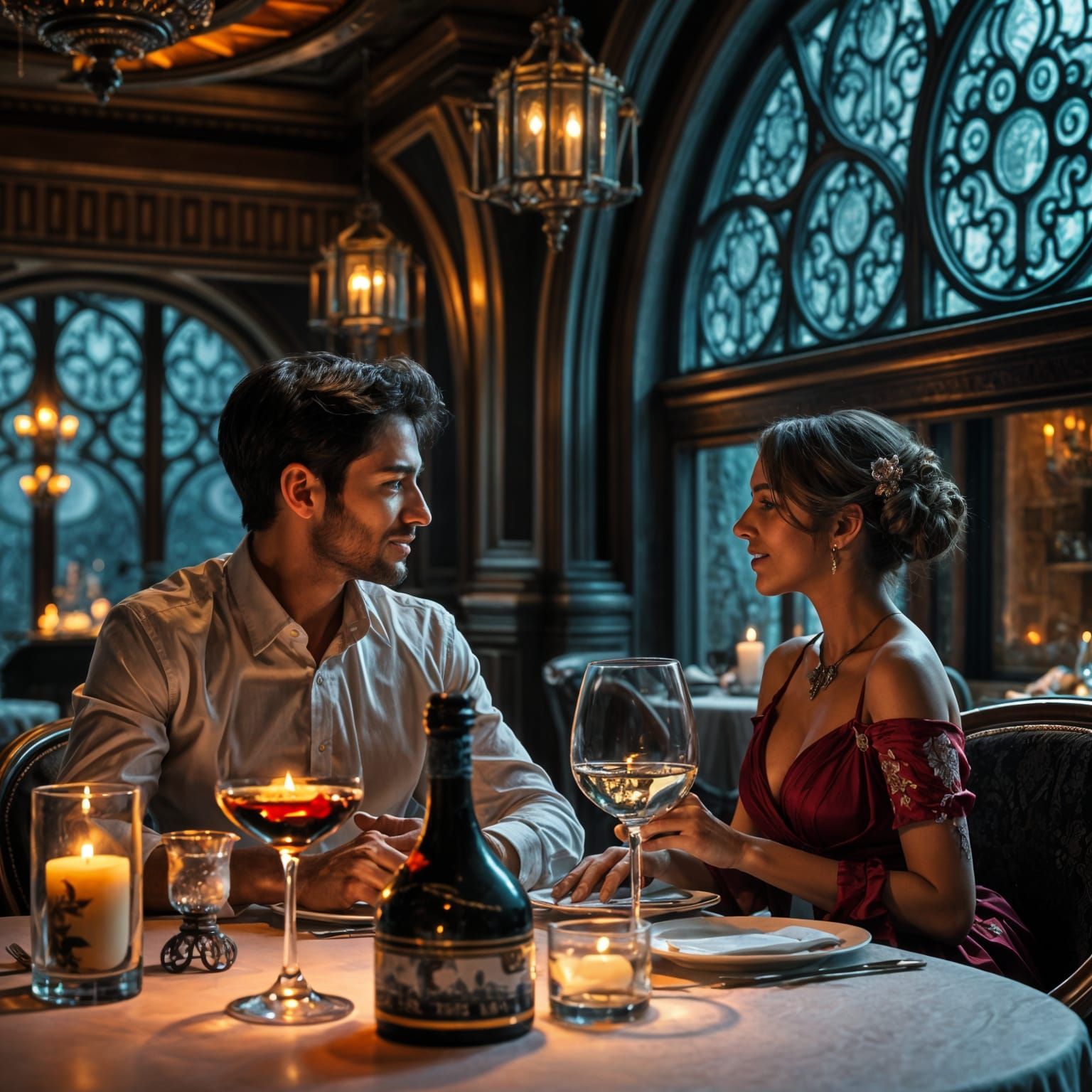 Elegant Couple's Luxury Dinner in a Grand Setting