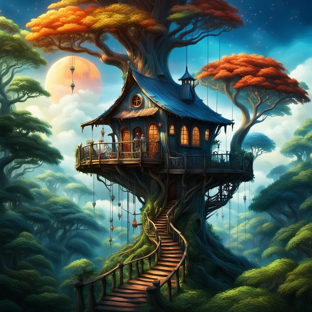 Ethereal Forest Treehouse in Dreamlike Matte Painting