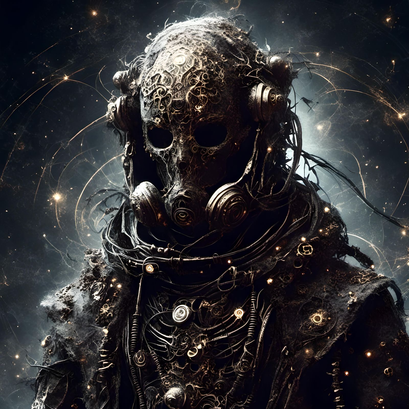 Astronaut in War-Torn Space with Glowing Runes