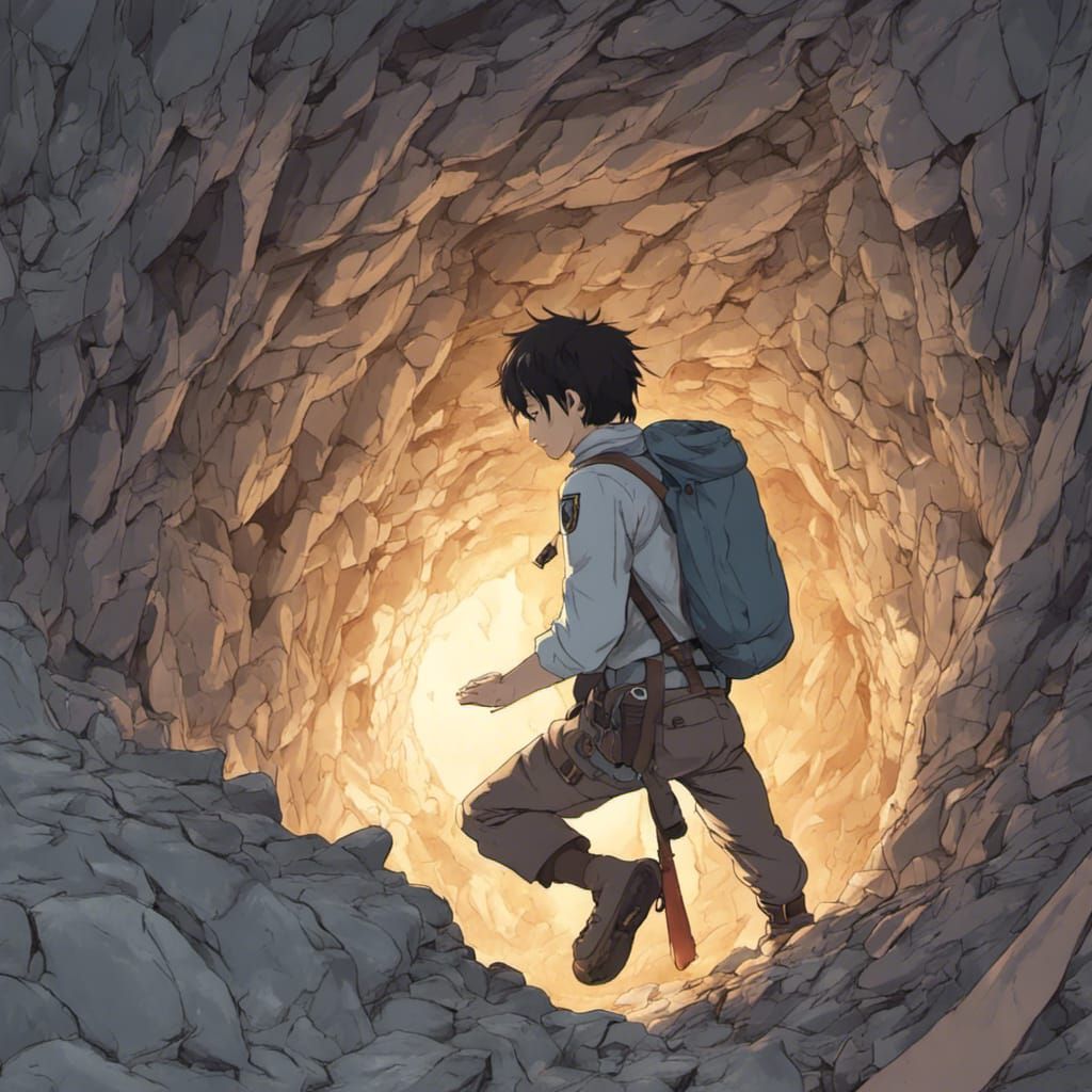 Man Climbing from Cavern in Anime Style