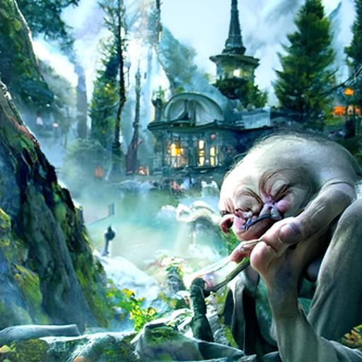 Gollum's Solitude in Ethereal Fantasy Style