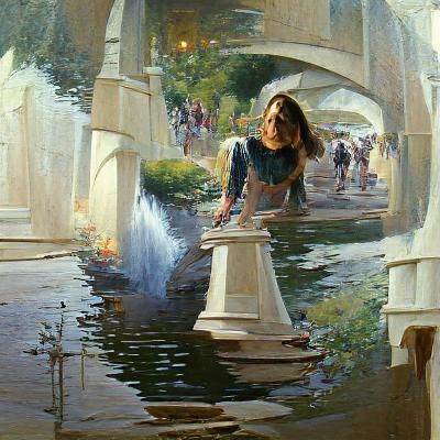 Woman Walks to Bridge: Oil Painting in Gurney Style