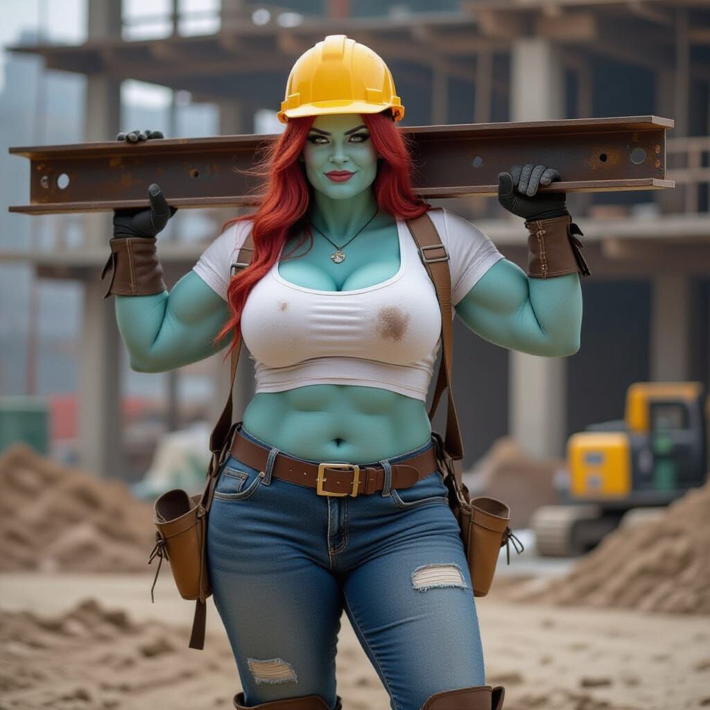 Muscular Ogress Construction Worker Carries I-Beam