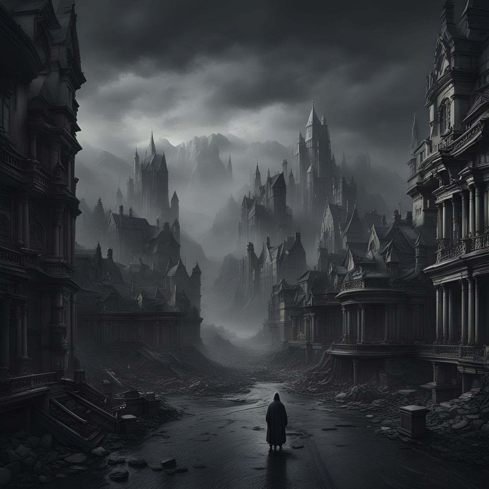 Dark Gray Ghost Town: Dramatic Digital Painting