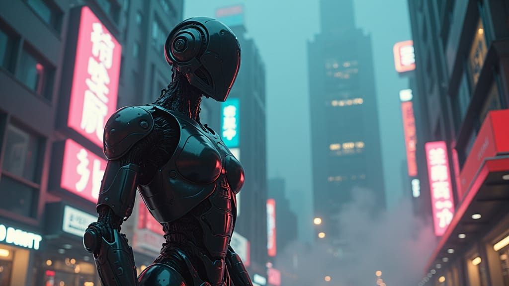 Cyberpunk Robot in Dystopian Cityscape at Night