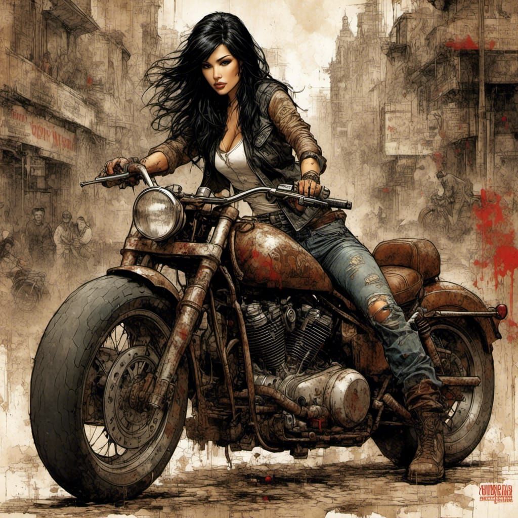 Female Biker on Motorcycle in Grunge Poster Style