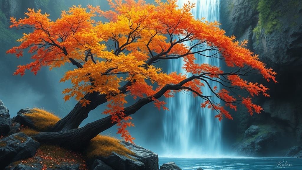Fantasy Tree by Waterfall: Digital Oil Painting