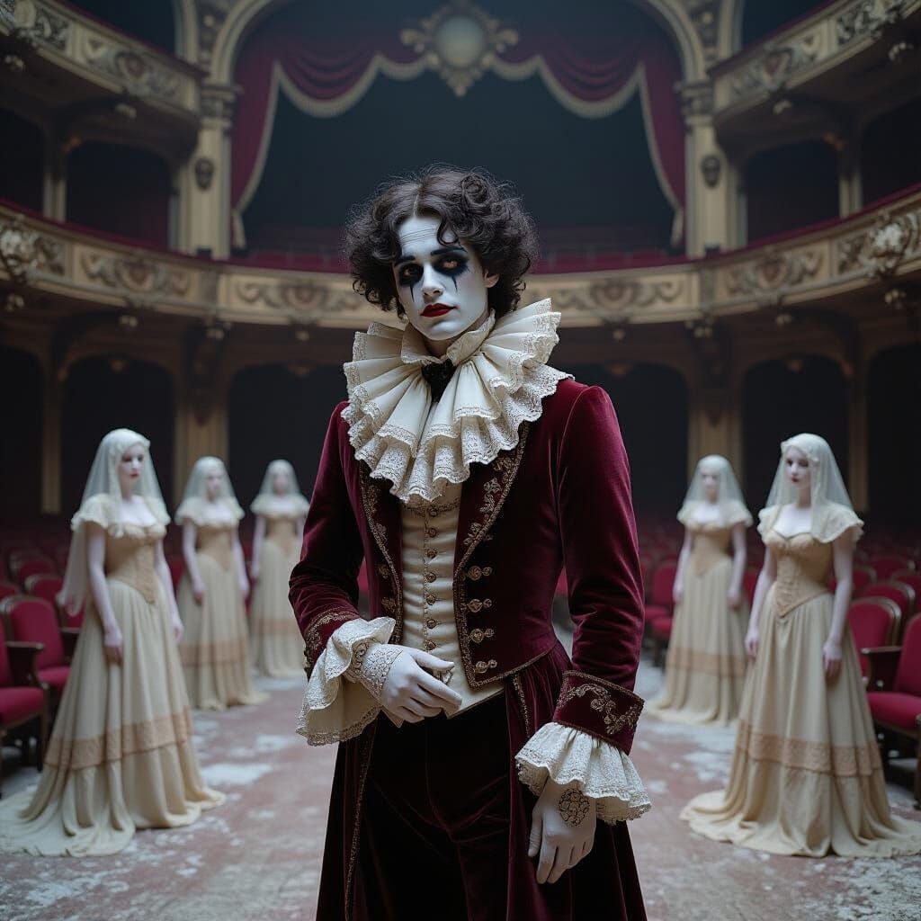Melancholic Pierrot in Dilapidated Theatre, Dreamlike Romant...