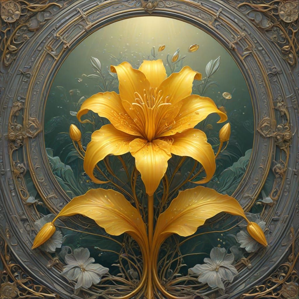 Golden Lily with Silver Submarines in Art Nouveau Style