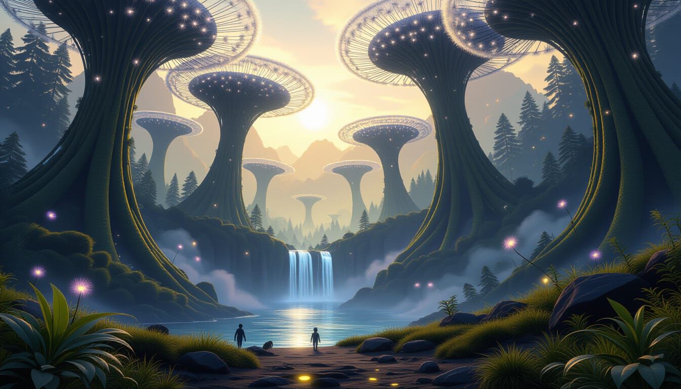 Ethereal Bioluminescent Forest with Alien Footprints