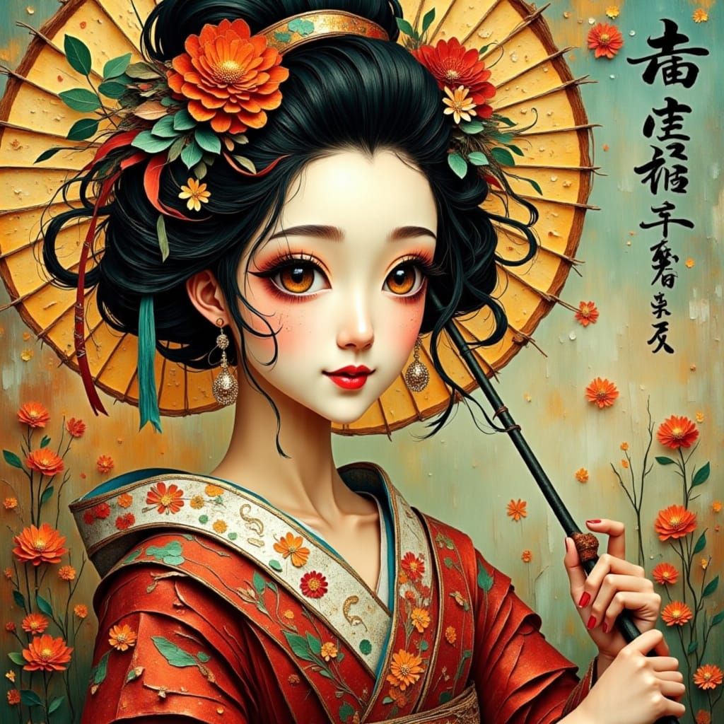 Cyberpunk Geisha in Neon Cityscape