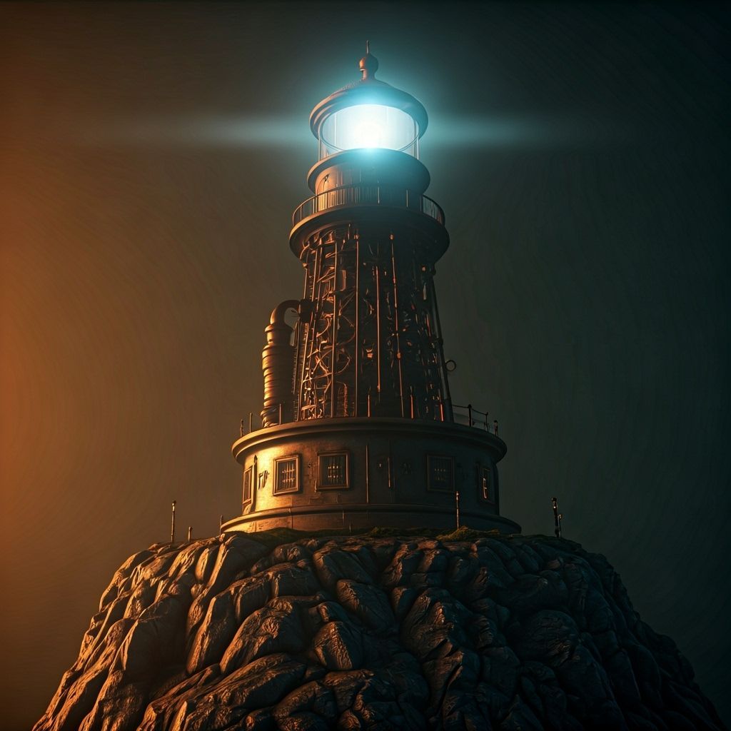 Steampunk Lighthouse Guiding Ships Through Fog